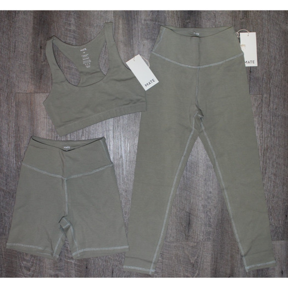 Mate the Label Women's Organic Stretch Sports Bra & Biker‎ Short Set XS Sage NWT - Picture 1 of 9
